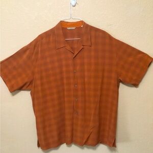 EUC= TOMMY BAHAMA 100% SILK ORANGE/BLACK CAMP SHIRT W/True CAMP COLLAR SZ.XXL